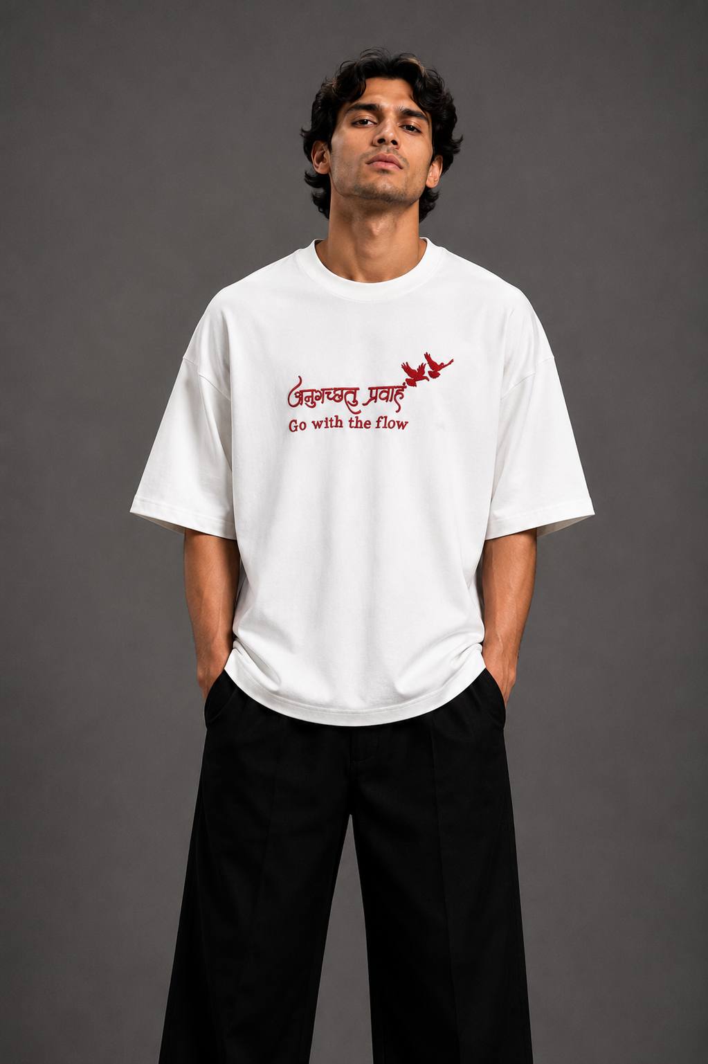 Zellee "Go With The Flow" Sanskrit Embroidered Oversized Relaxed Fit T-Shirt