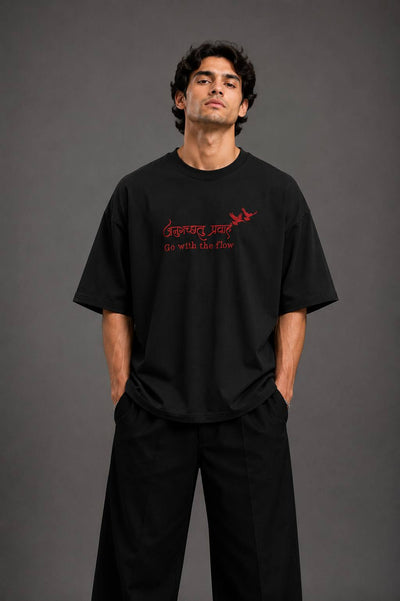 Zellee "Go With The Flow" Sanskrit Embroidered Oversized Relaxed Fit T-Shirt