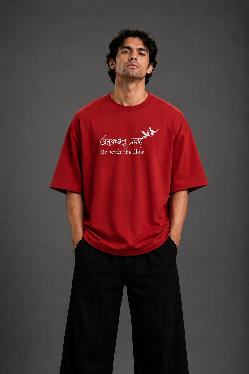 Zellee "Go With The Flow" Sanskrit Embroidered Oversized Relaxed Fit T-Shirt