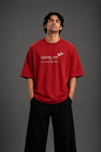 Zellee "Go With The Flow" Sanskrit Embroidered Oversized Relaxed Fit T-Shirt