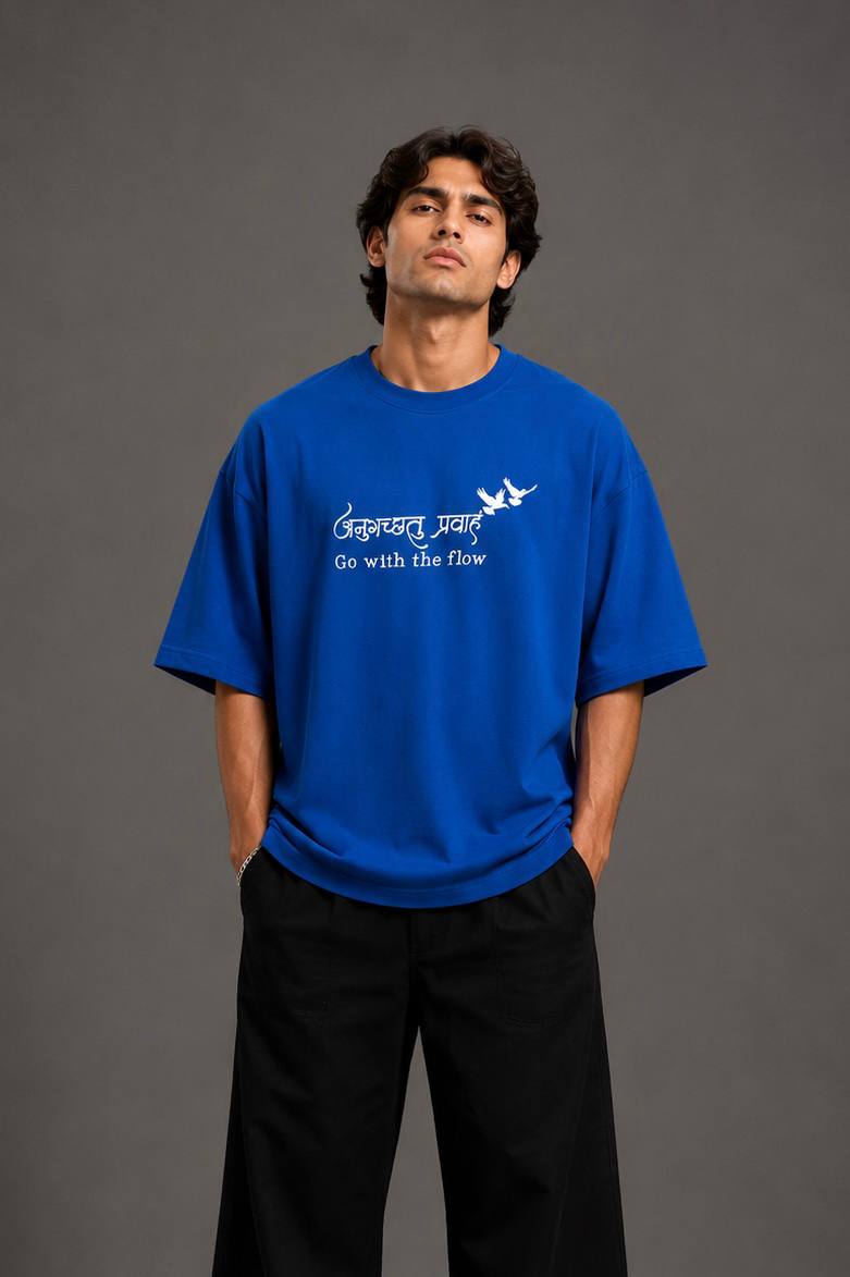 Zellee "Go With The Flow" Sanskrit Embroidered Oversized Relaxed Fit T-Shirt