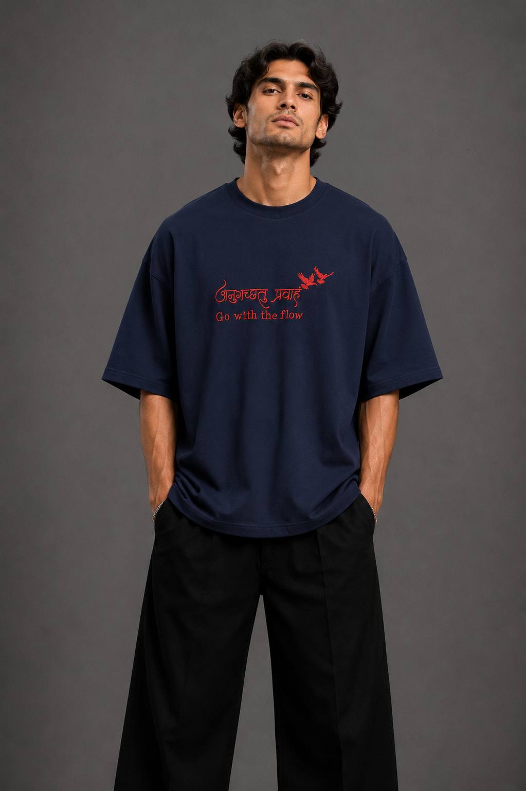 Zellee "Go With The Flow" Sanskrit Embroidered Oversized Relaxed Fit T-Shirt
