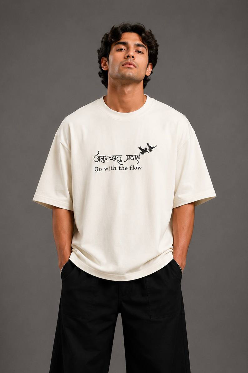 Zellee "Go With The Flow" Sanskrit Embroidered Oversized Relaxed Fit T-Shirt