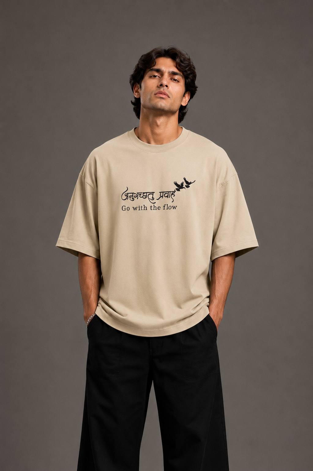 Zellee "Go With The Flow" Sanskrit Embroidered Oversized Relaxed Fit T-Shirt