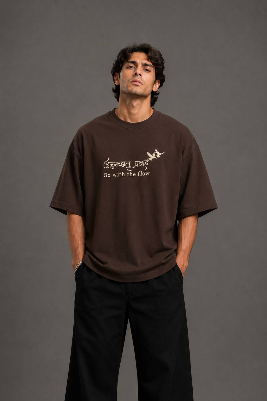 Zellee "Go With The Flow" Sanskrit Embroidered Oversized Relaxed Fit T-Shirt