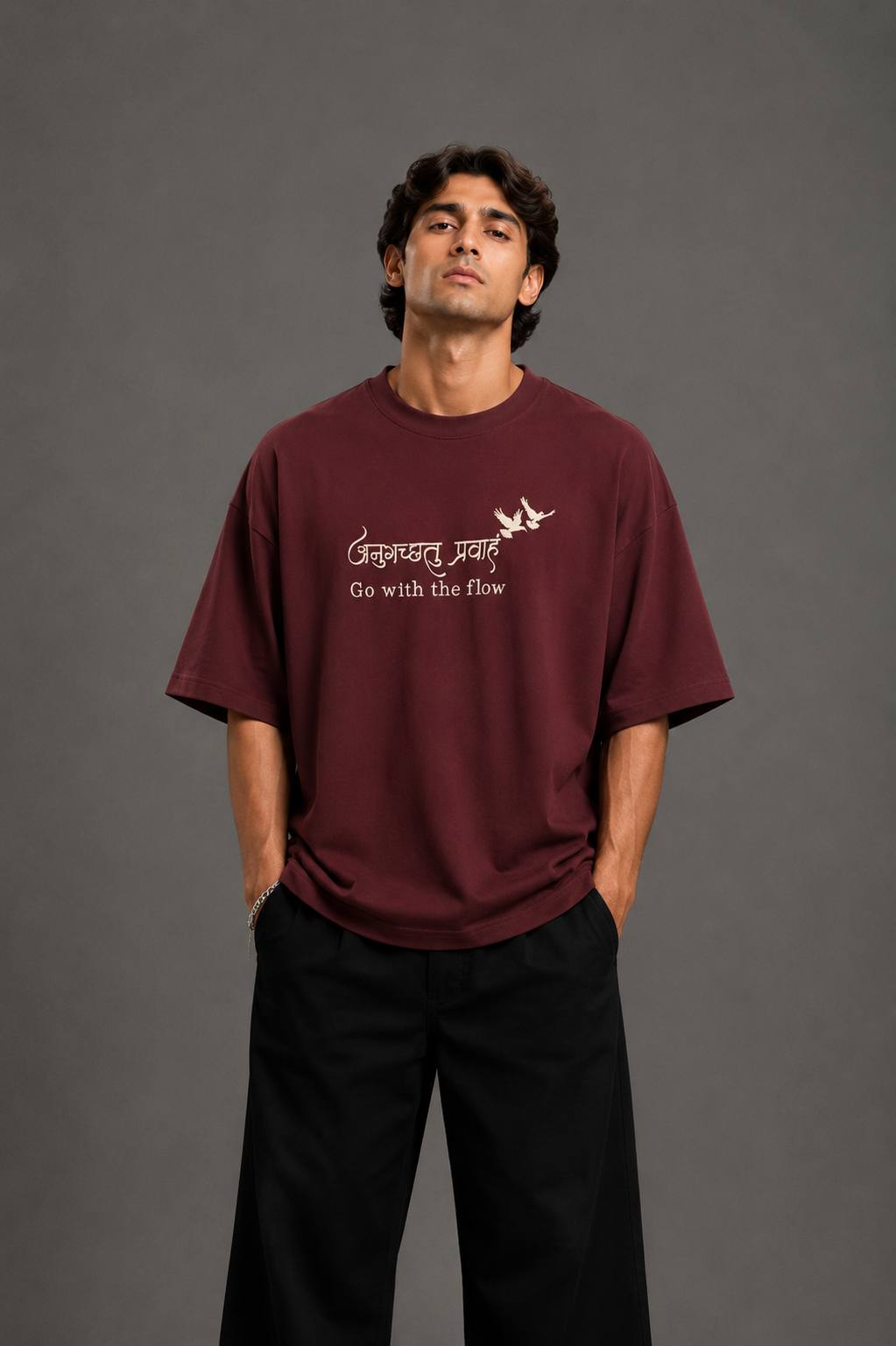 Zellee "Go With The Flow" Sanskrit Embroidered Oversized Relaxed Fit T-Shirt