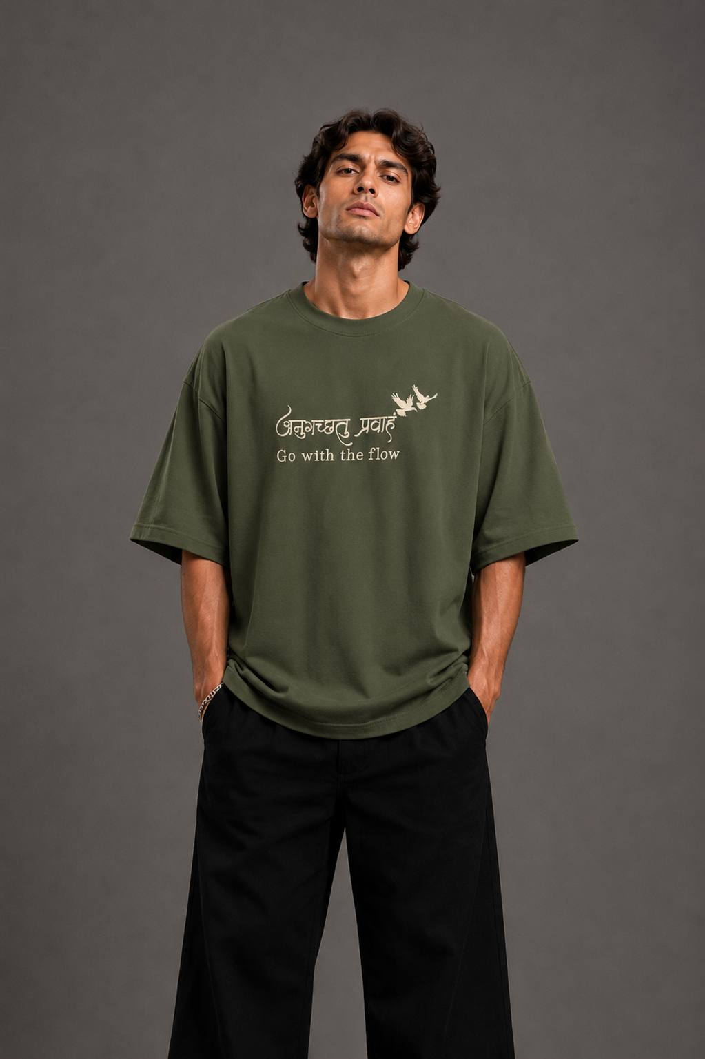 Zellee "Go With The Flow" Sanskrit Embroidered Oversized Relaxed Fit T-Shirt