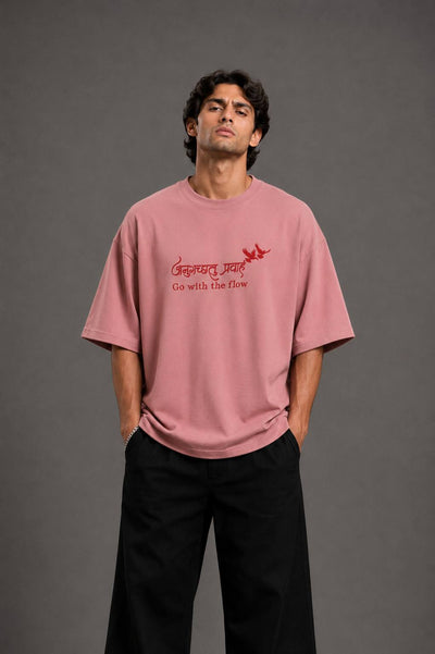 Zellee "Go With The Flow" Sanskrit Embroidered Oversized Relaxed Fit T-Shirt