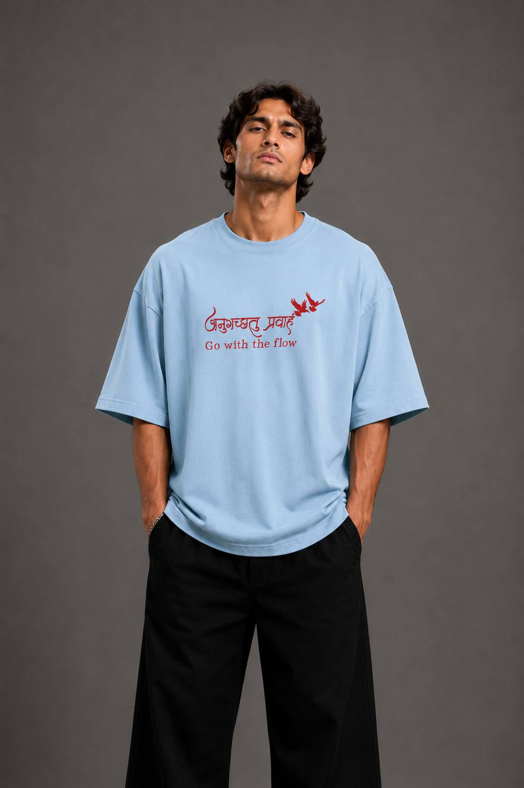 Zellee "Go With The Flow" Sanskrit Embroidered Oversized Relaxed Fit T-Shirt