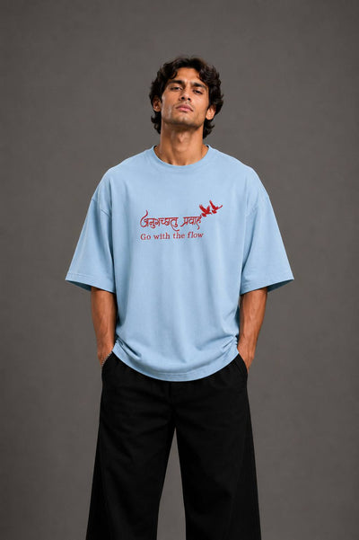 Zellee "Go With The Flow" Sanskrit Embroidered Oversized Relaxed Fit T-Shirt