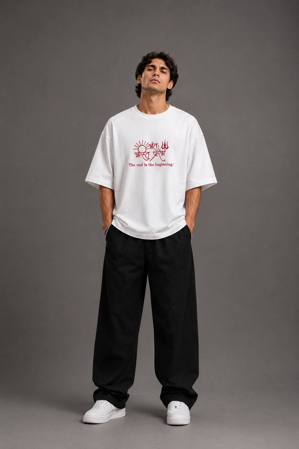 Zellee "Prarambh" High-Density Script Embroidered Oversized Relaxed Fit T-Shirt