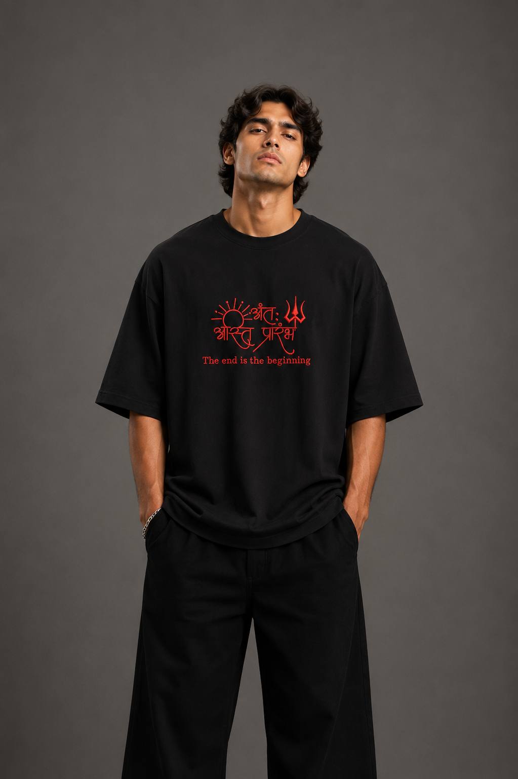 Zellee "Prarambh" High-Density Script Embroidered Oversized Relaxed Fit T-Shirt
