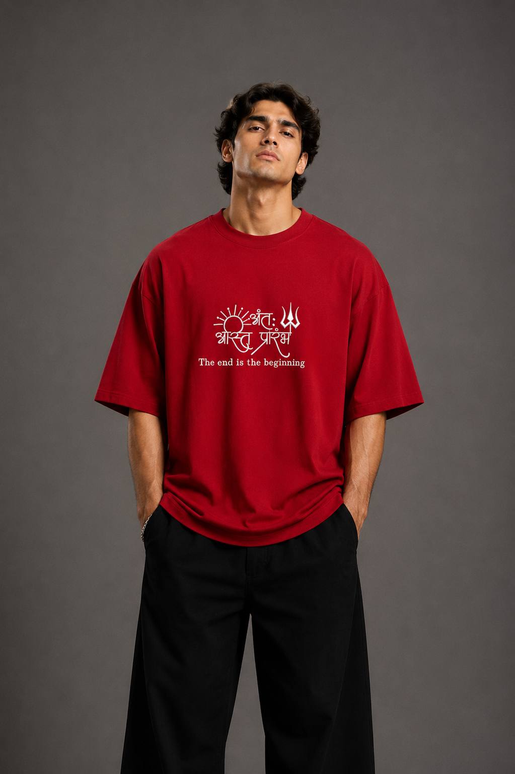 Zellee "Prarambh" High-Density Script Embroidered Oversized Relaxed Fit T-Shirt