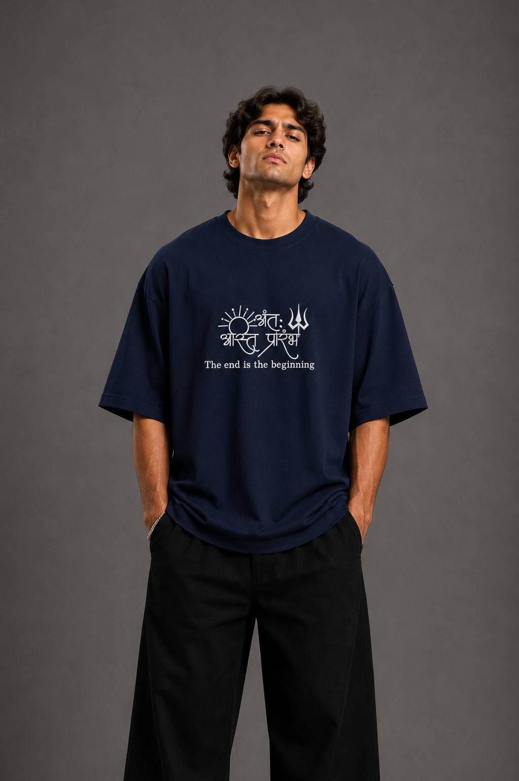 Zellee "Prarambh" High-Density Script Embroidered Oversized Relaxed Fit T-Shirt