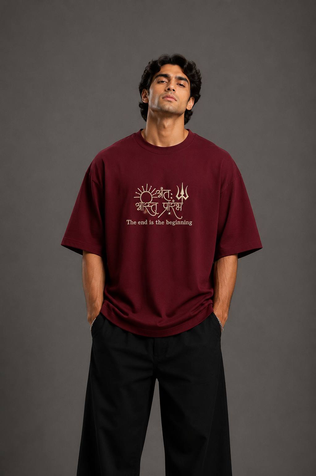 Zellee "Prarambh" High-Density Script Embroidered Oversized Relaxed Fit T-Shirt