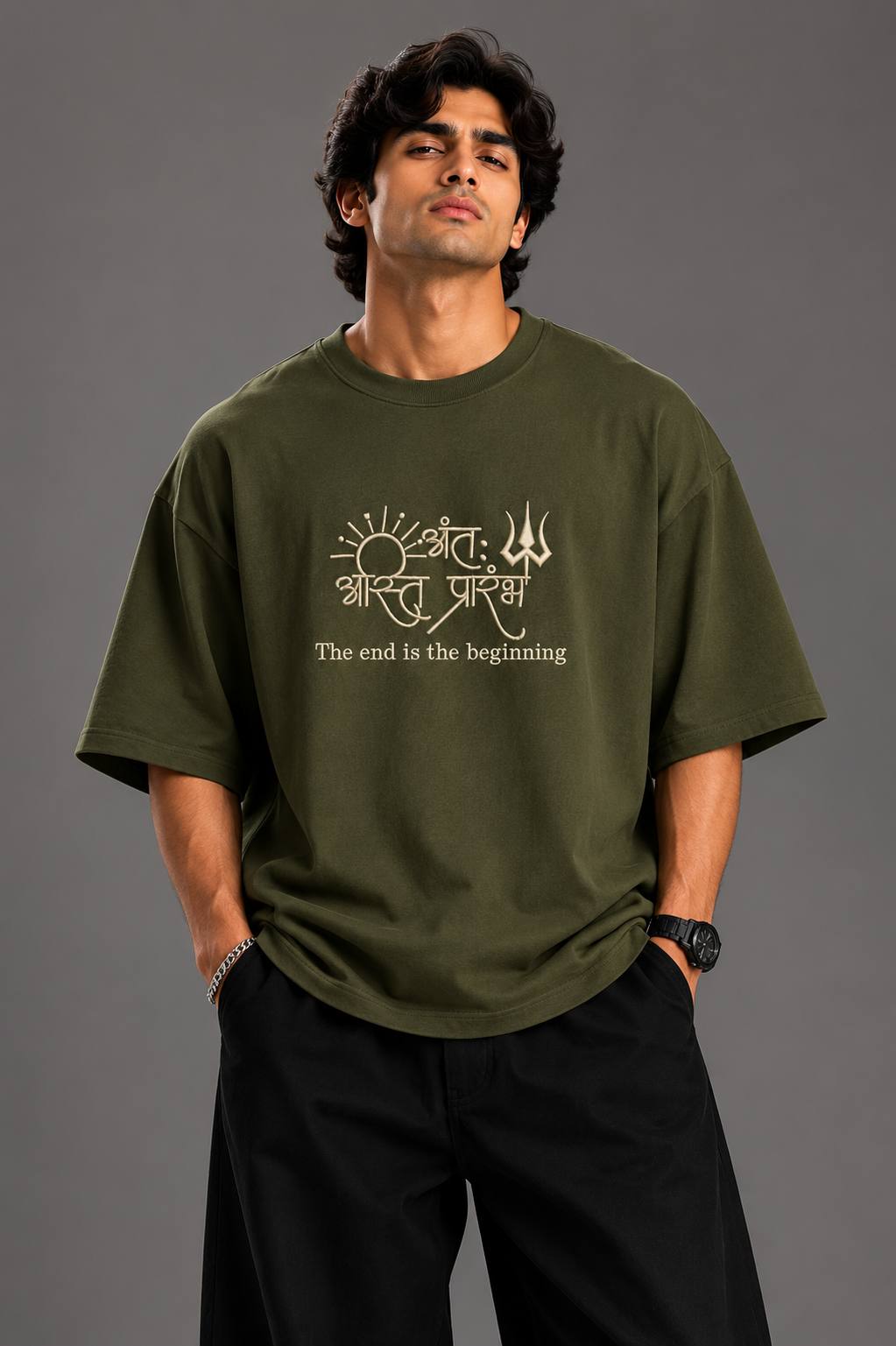 Zellee "Prarambh" High-Density Script Embroidered Oversized Relaxed Fit T-Shirt