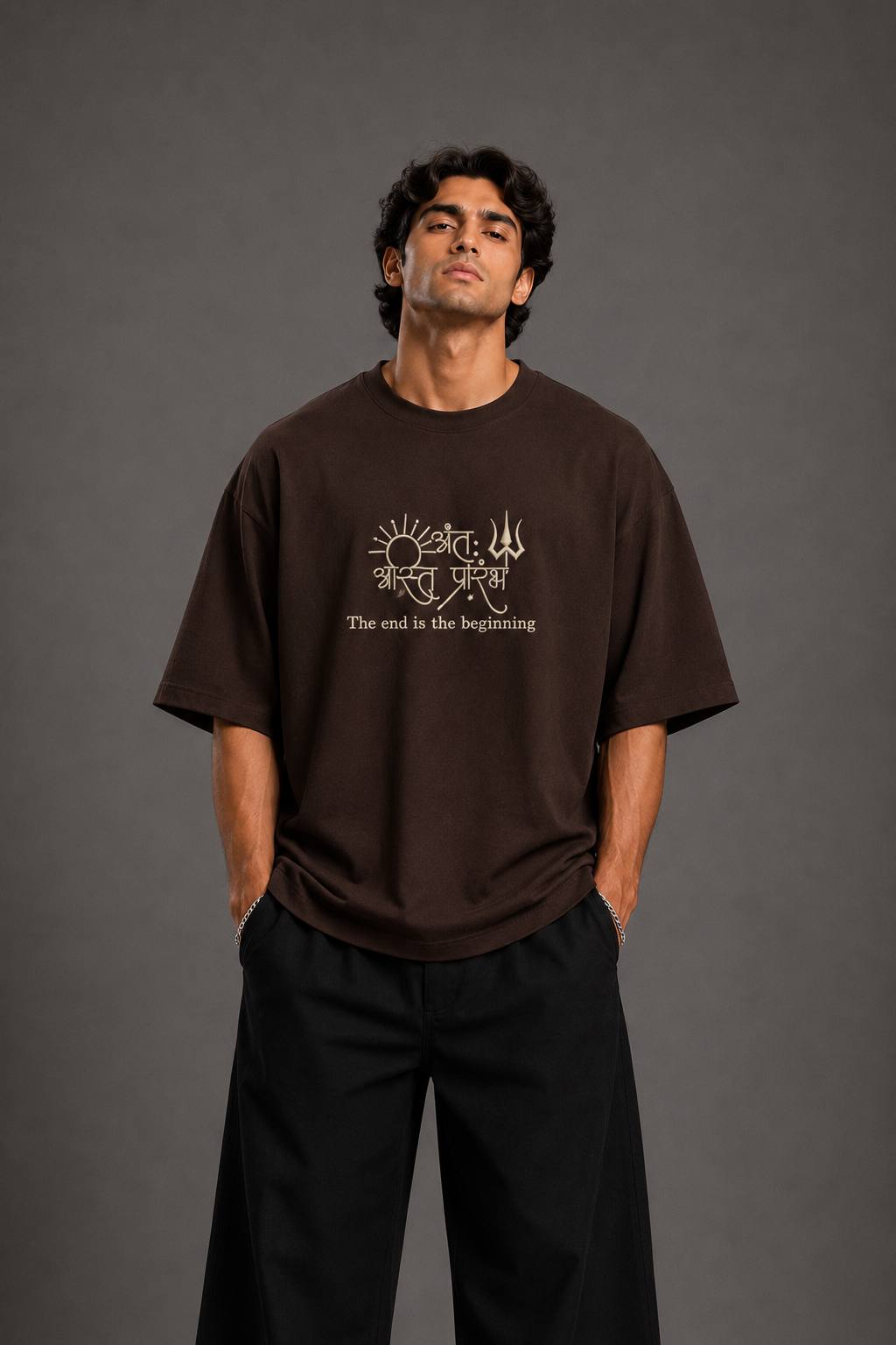 Zellee "Prarambh" High-Density Script Embroidered Oversized Relaxed Fit T-Shirt