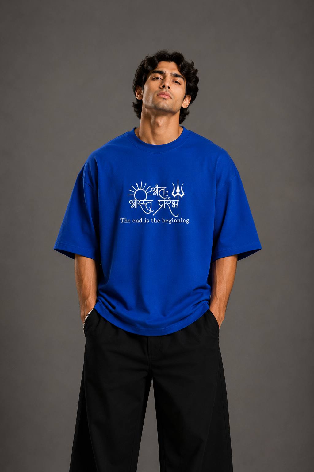 Zellee "Prarambh" High-Density Script Embroidered Oversized Relaxed Fit T-Shirt