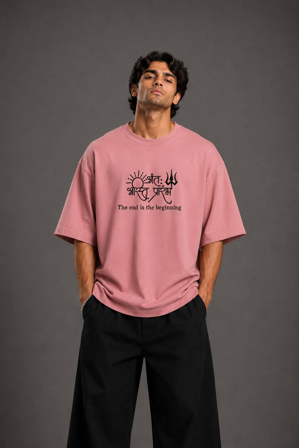 Zellee "Prarambh" High-Density Script Embroidered Oversized Relaxed Fit T-Shirt