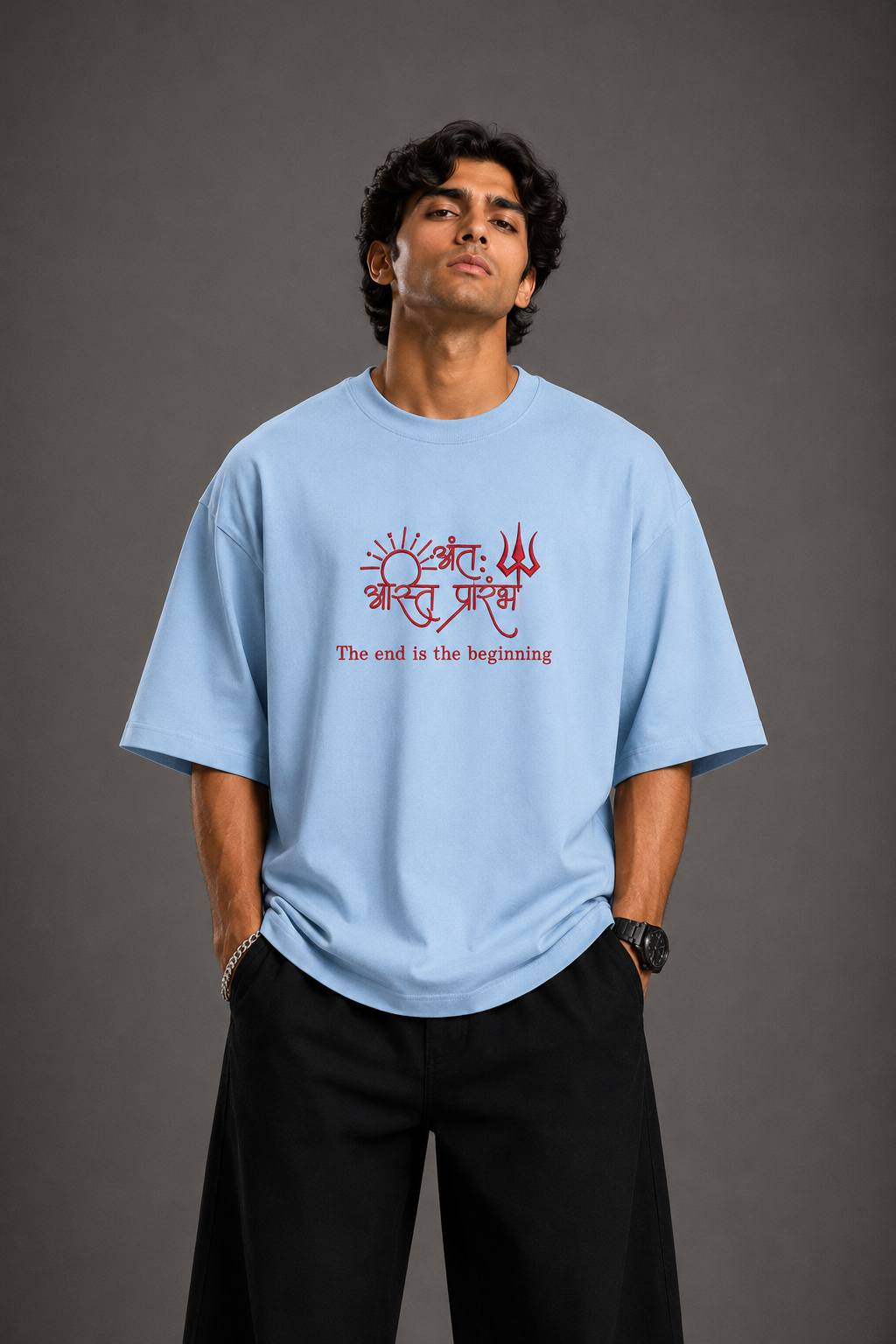 Zellee "Prarambh" High-Density Script Embroidered Oversized Relaxed Fit T-Shirt