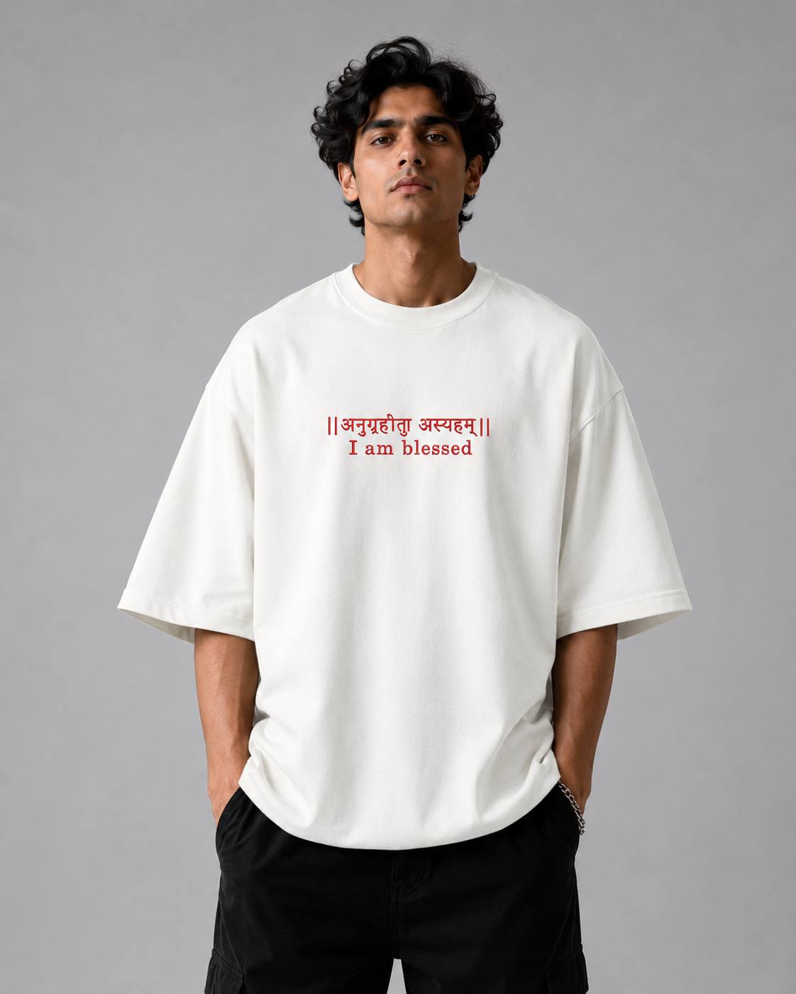 Zellee "Anugrah" High-Density Script Embroidered Oversized Relaxed Fit T-Shirt
