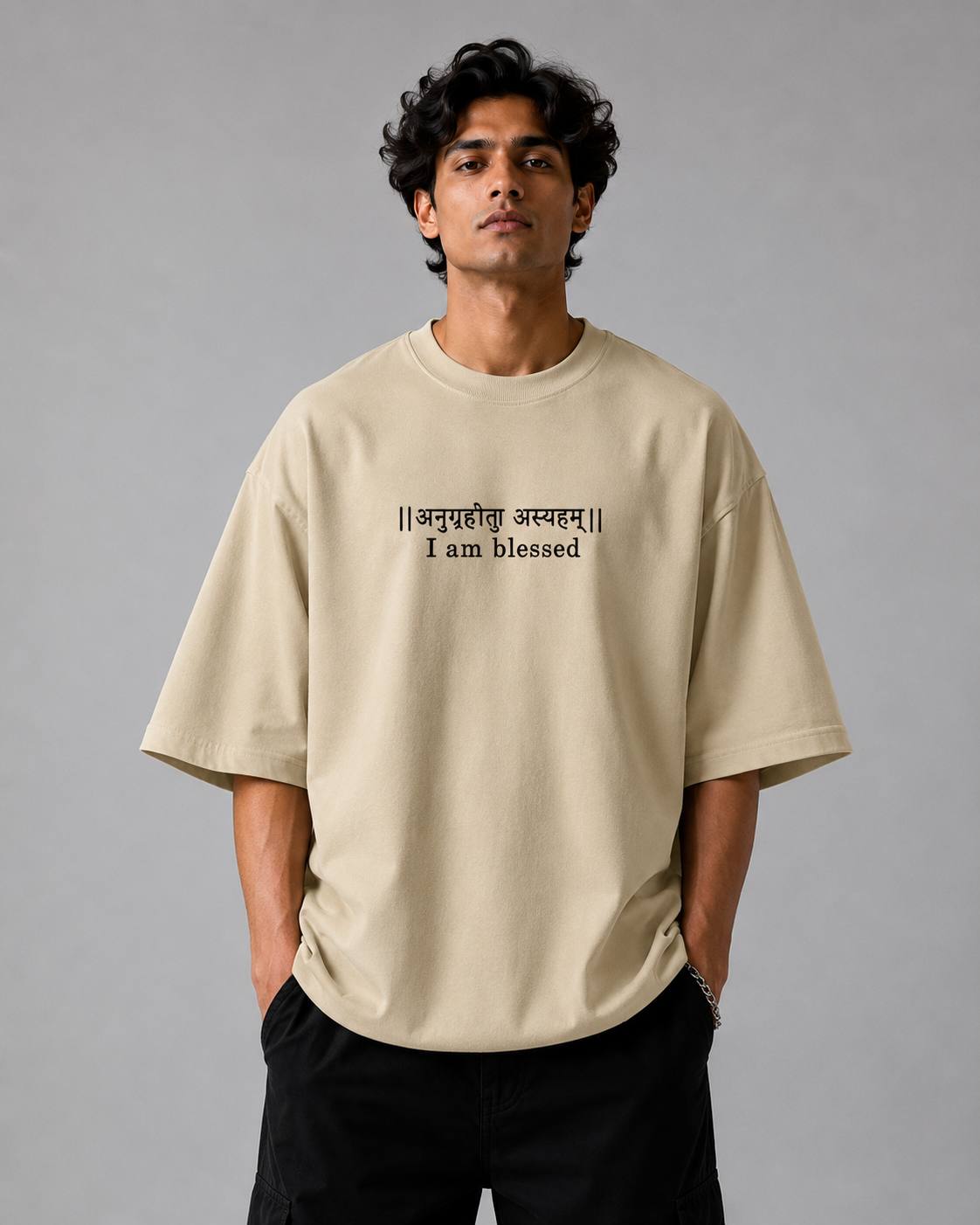 Zellee "Anugrah" High-Density Script Embroidered Oversized Relaxed Fit T-Shirt