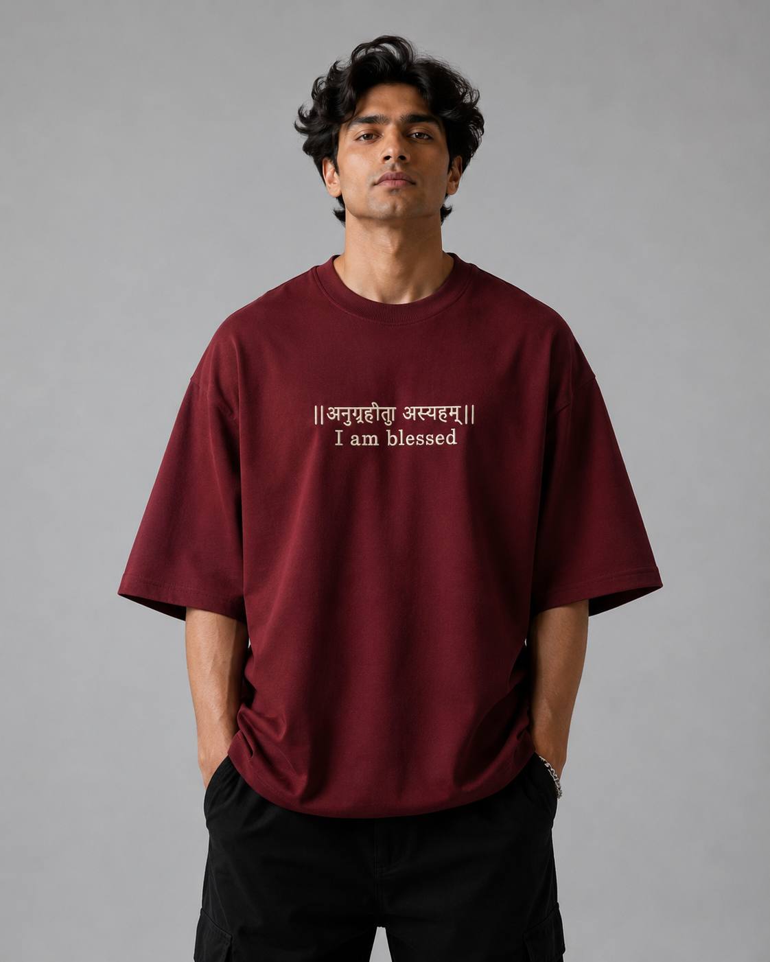 Zellee "Anugrah" High-Density Script Embroidered Oversized Relaxed Fit T-Shirt