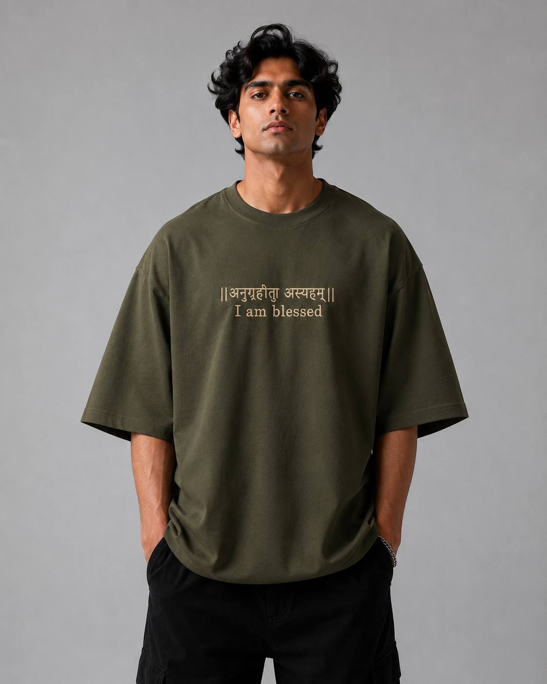 Zellee "Anugrah" High-Density Script Embroidered Oversized Relaxed Fit T-Shirt