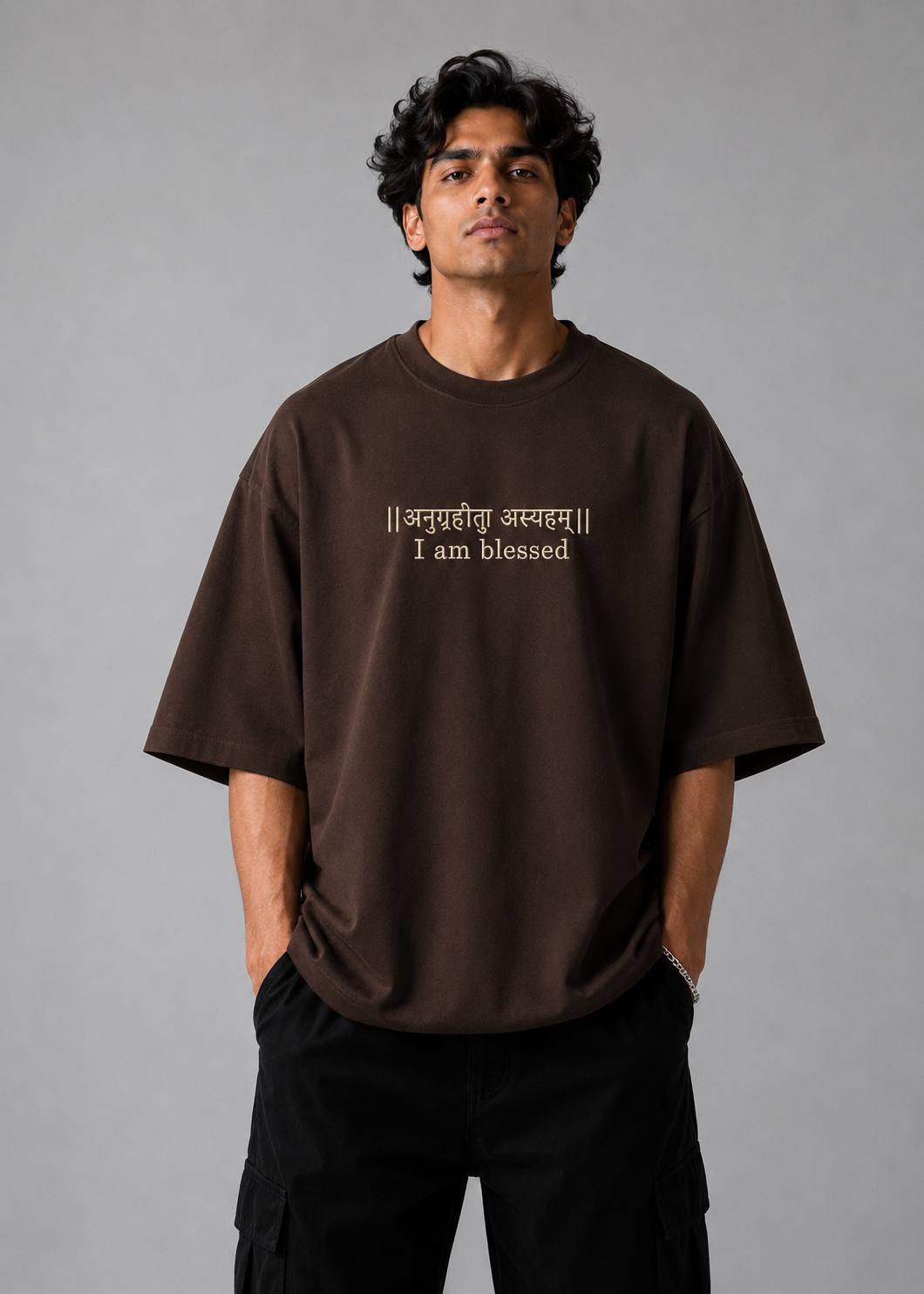 Zellee "Anugrah" High-Density Script Embroidered Oversized Relaxed Fit T-Shirt