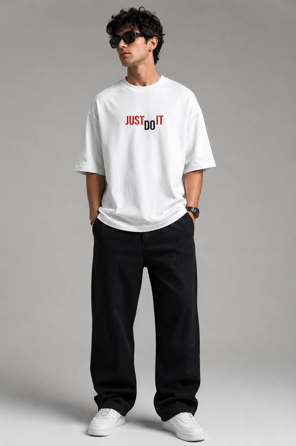 Zellee "Just Do It" High-Density Typographic Embroidered Oversized Relaxed Fit T-Shirt