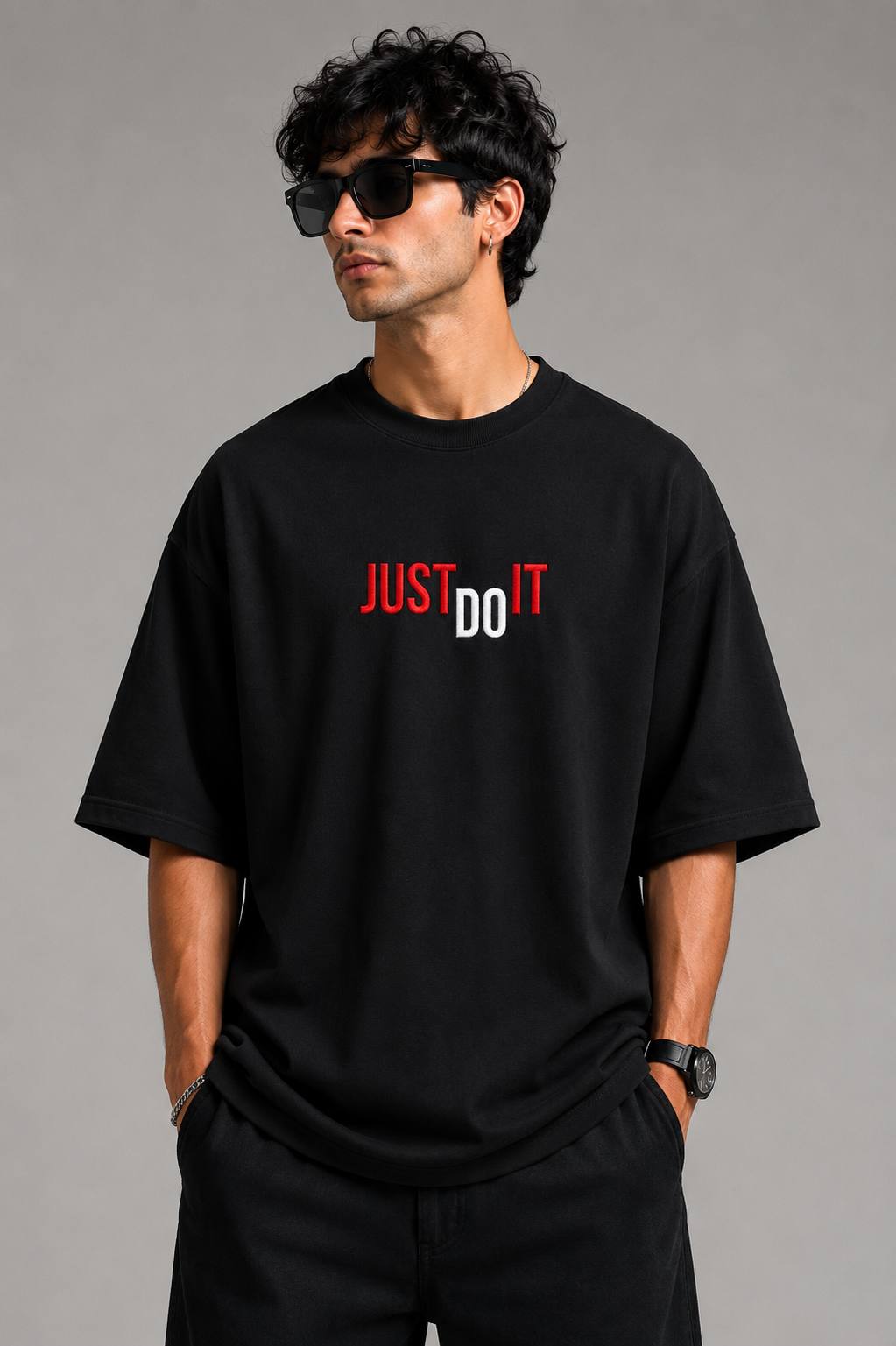 Zellee "Just Do It" High-Density Typographic Embroidered Oversized Relaxed Fit T-Shirt