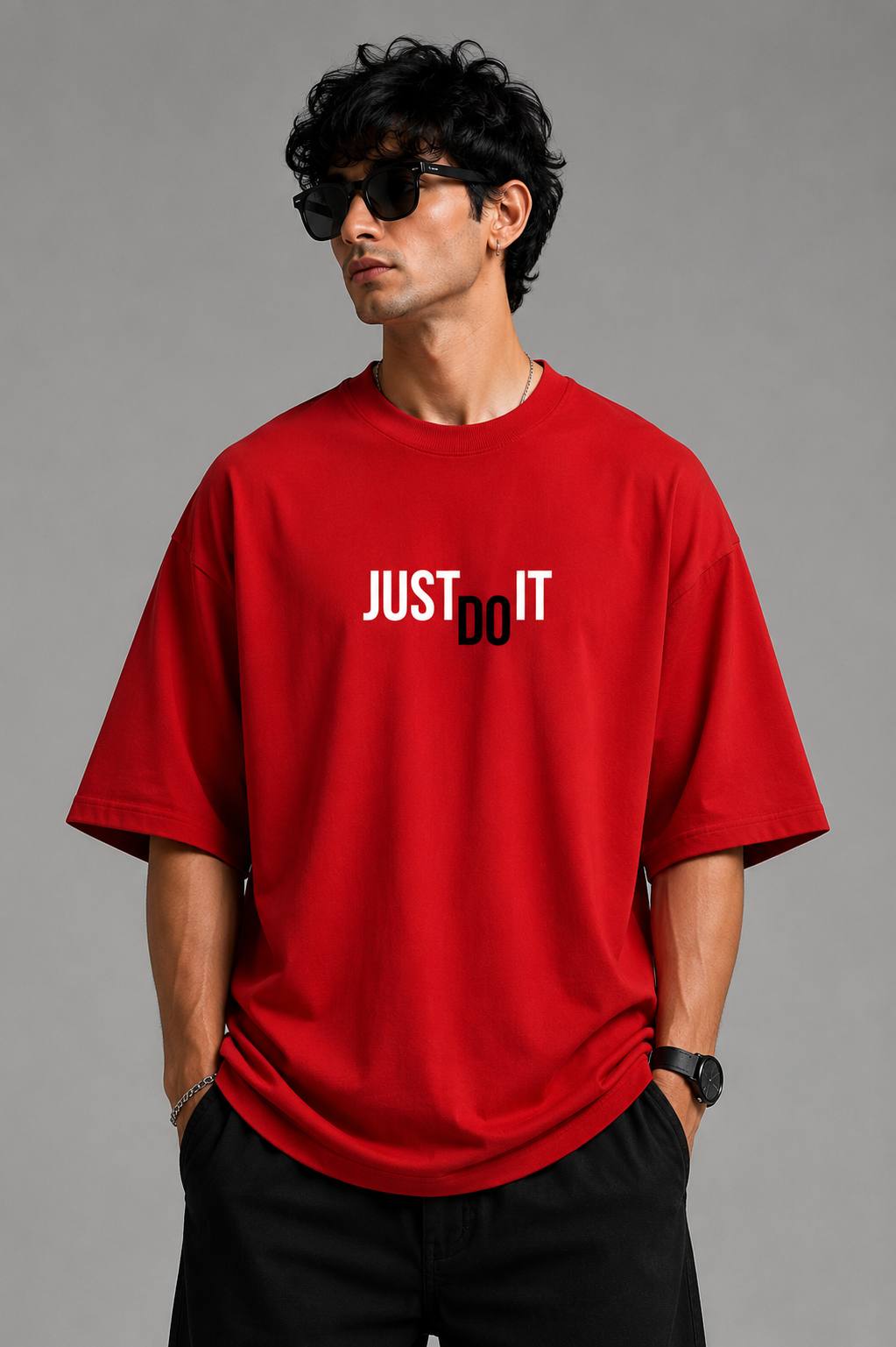 Zellee "Just Do It" High-Density Typographic Embroidered Oversized Relaxed Fit T-Shirt