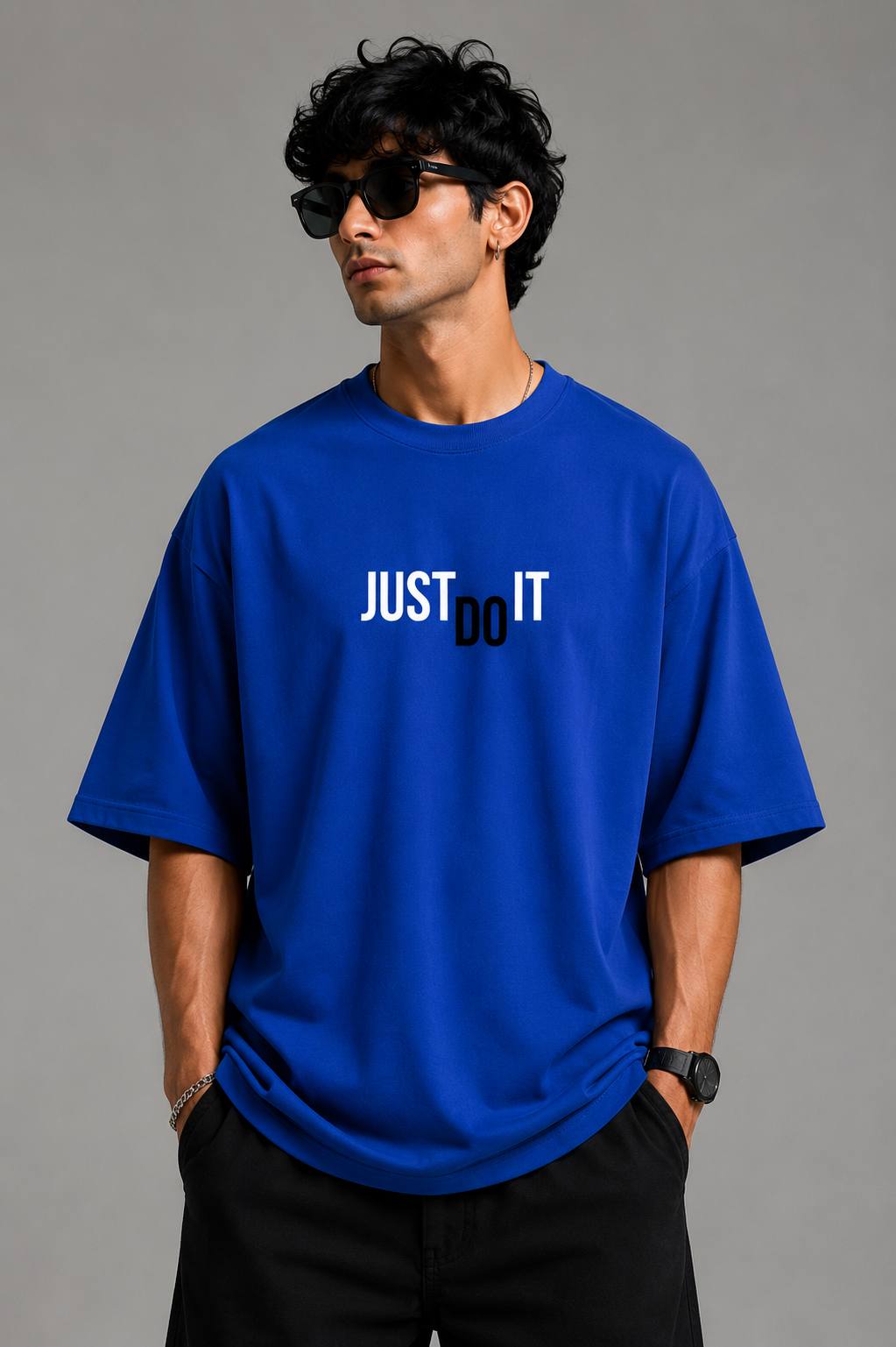 Zellee "Just Do It" High-Density Typographic Embroidered Oversized Relaxed Fit T-Shirt