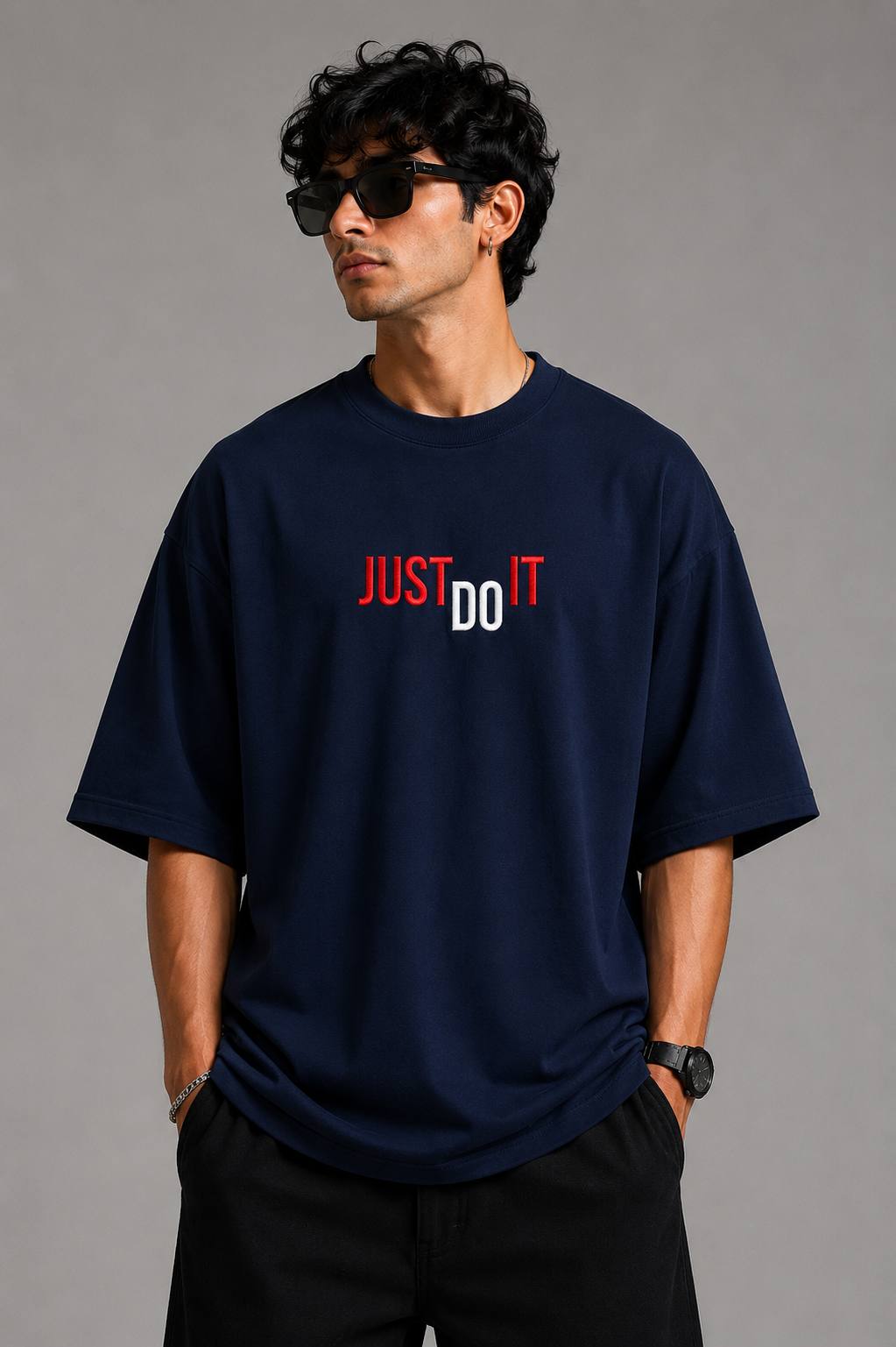 Zellee "Just Do It" High-Density Typographic Embroidered Oversized Relaxed Fit T-Shirt