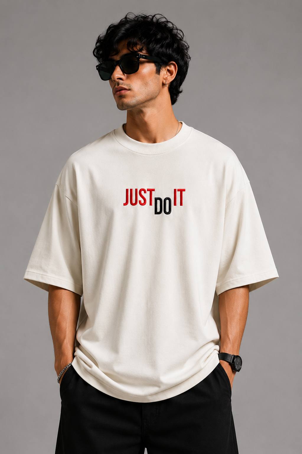 Zellee "Just Do It" High-Density Typographic Embroidered Oversized Relaxed Fit T-Shirt