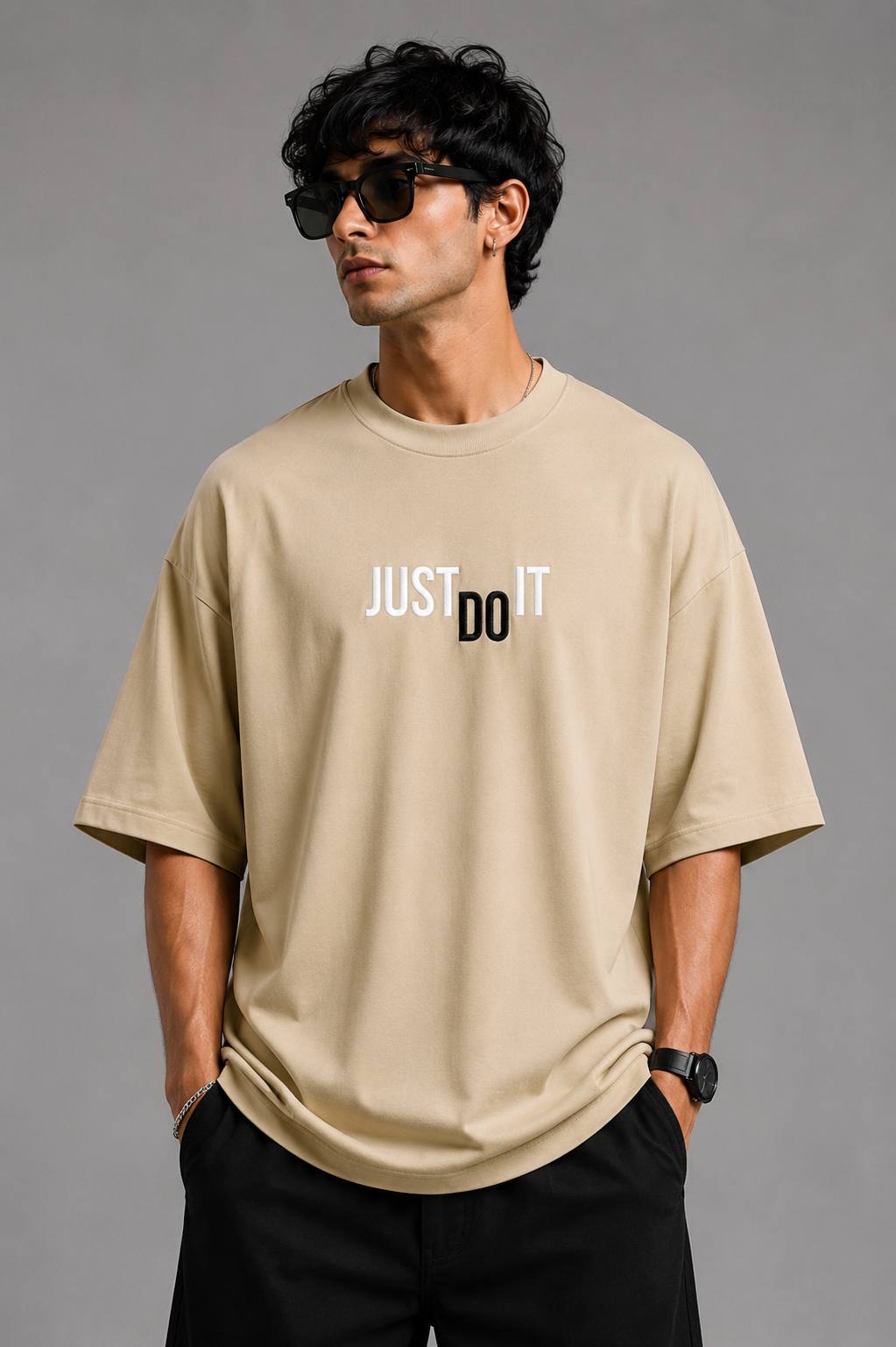 Zellee "Just Do It" High-Density Typographic Embroidered Oversized Relaxed Fit T-Shirt