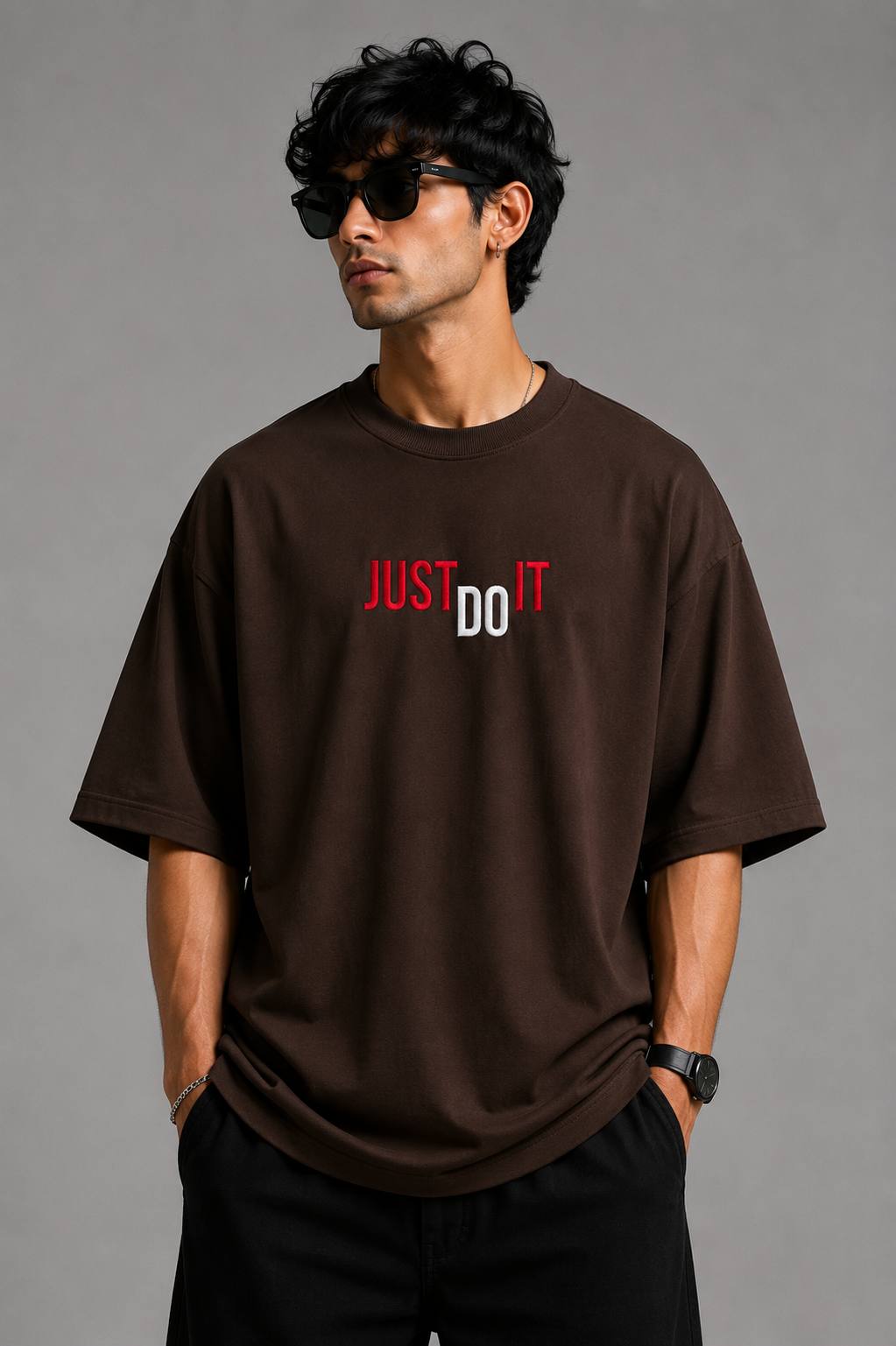 Zellee "Just Do It" High-Density Typographic Embroidered Oversized Relaxed Fit T-Shirt