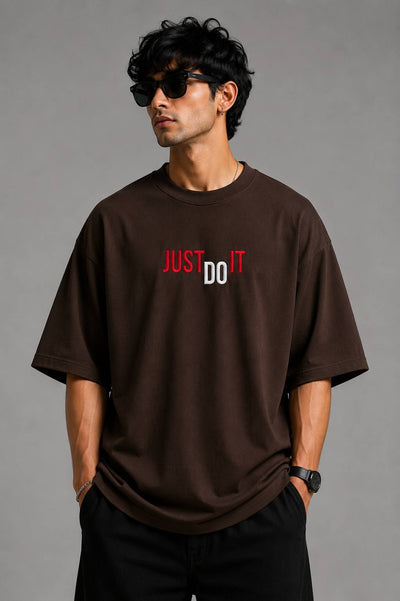 Zellee "Just Do It" High-Density Typographic Embroidered Oversized Relaxed Fit T-Shirt