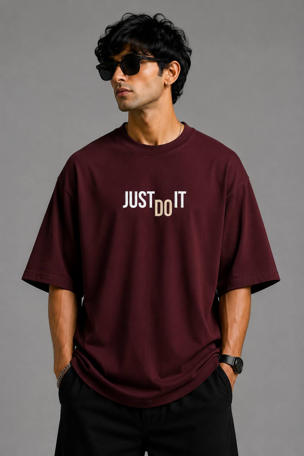 Zellee "Just Do It" High-Density Typographic Embroidered Oversized Relaxed Fit T-Shirt