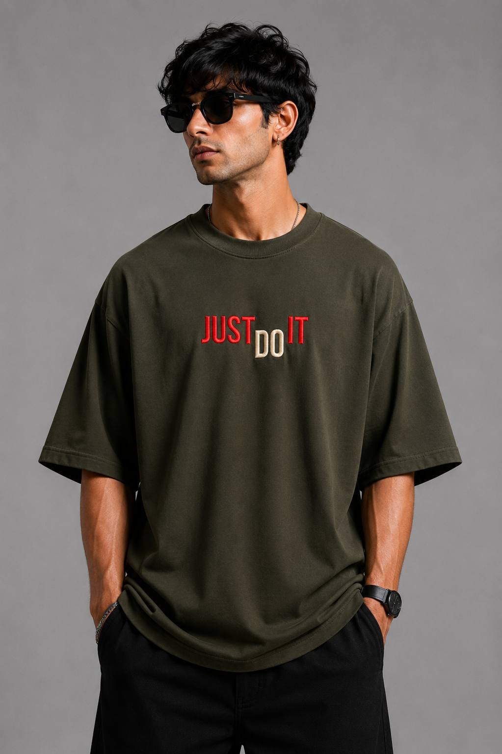 Zellee "Just Do It" High-Density Typographic Embroidered Oversized Relaxed Fit T-Shirt