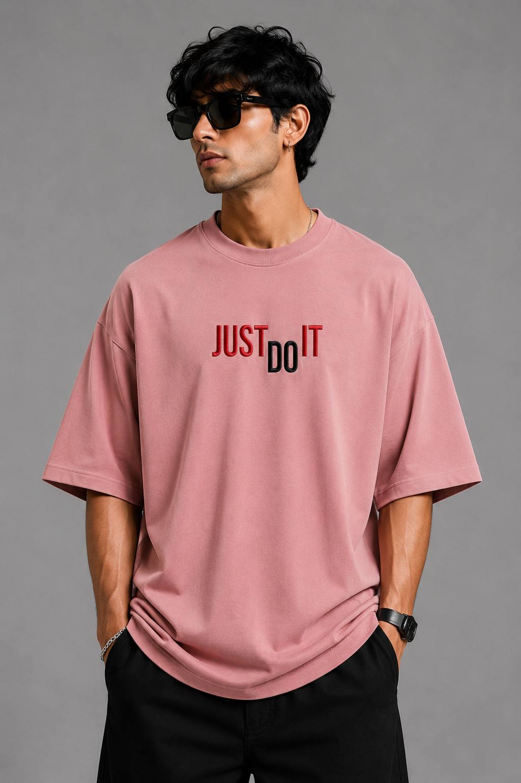 Zellee "Just Do It" High-Density Typographic Embroidered Oversized Relaxed Fit T-Shirt