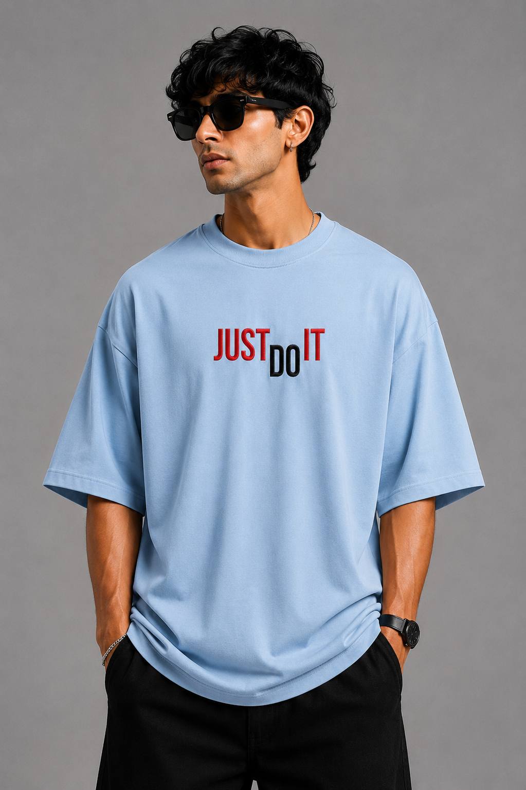 Zellee "Just Do It" High-Density Typographic Embroidered Oversized Relaxed Fit T-Shirt