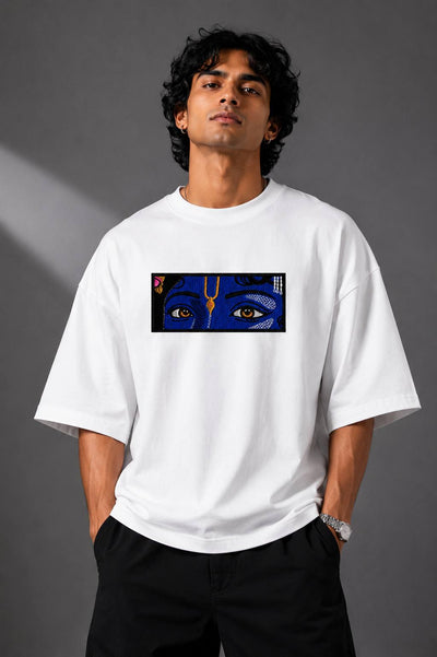 Zellee "Divine Eyes" Lord Krishna Graphic Embroidered Boxy Oversized Relaxed Fit T-Shirt