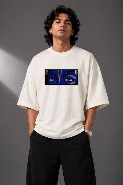 Zellee "Divine Eyes" Lord Krishna Graphic Embroidered Boxy Oversized Relaxed Fit T-Shirt