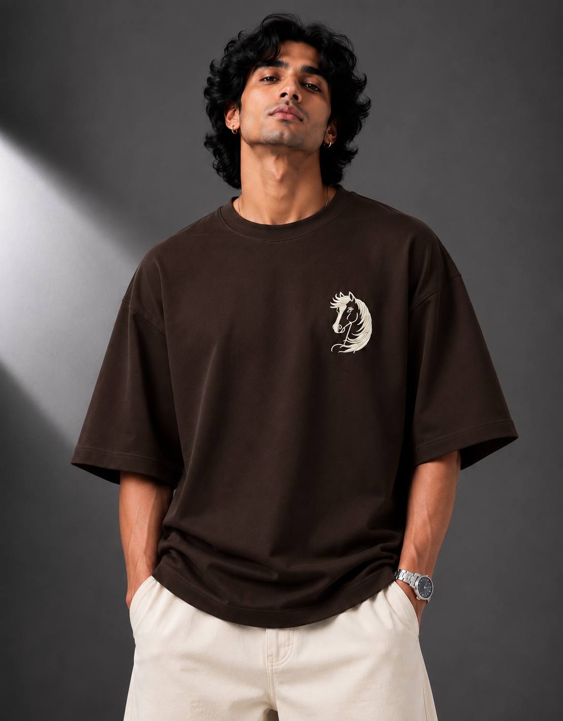Zellee Minimalist "Equestrian Crest" Chest Embroidered Boxy Oversized Relaxed Fit T-Shirt