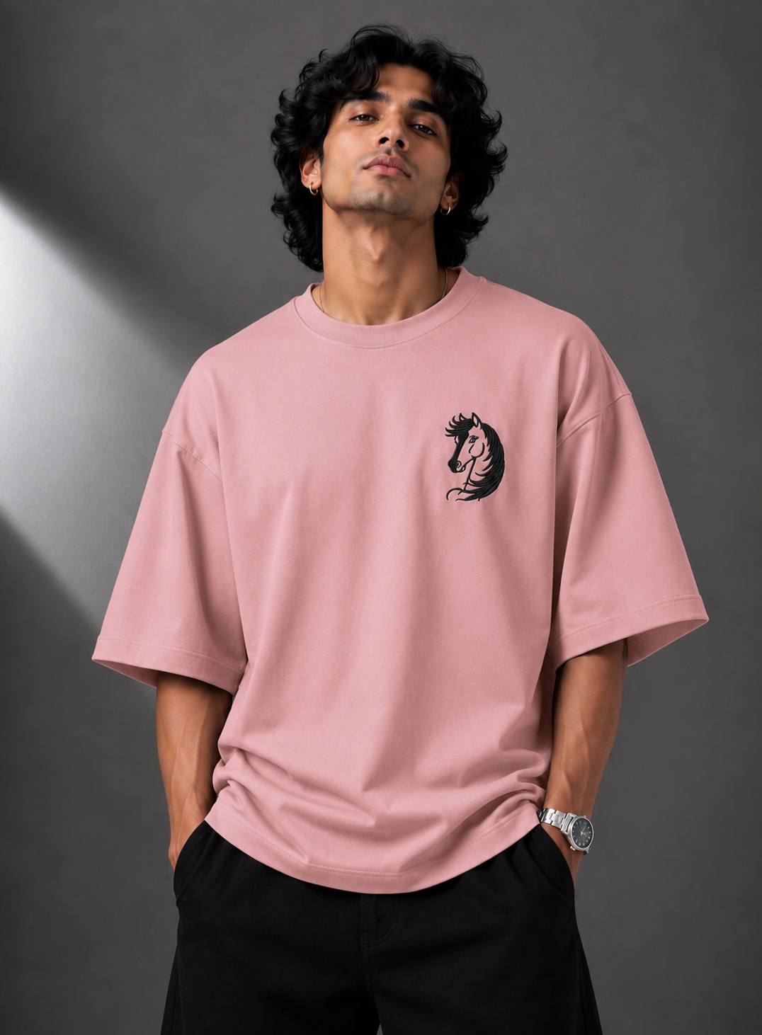 Zellee Minimalist "Equestrian Crest" Chest Embroidered Boxy Oversized Relaxed Fit T-Shirt