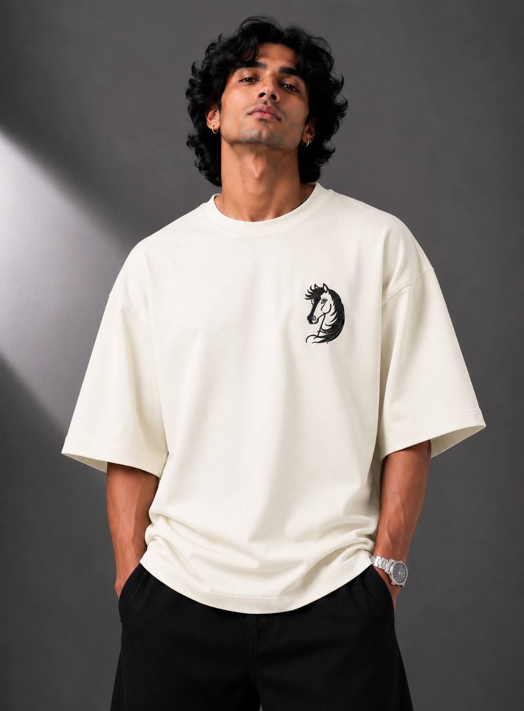 Zellee Minimalist "Equestrian Crest" Chest Embroidered Boxy Oversized Relaxed Fit T-Shirt
