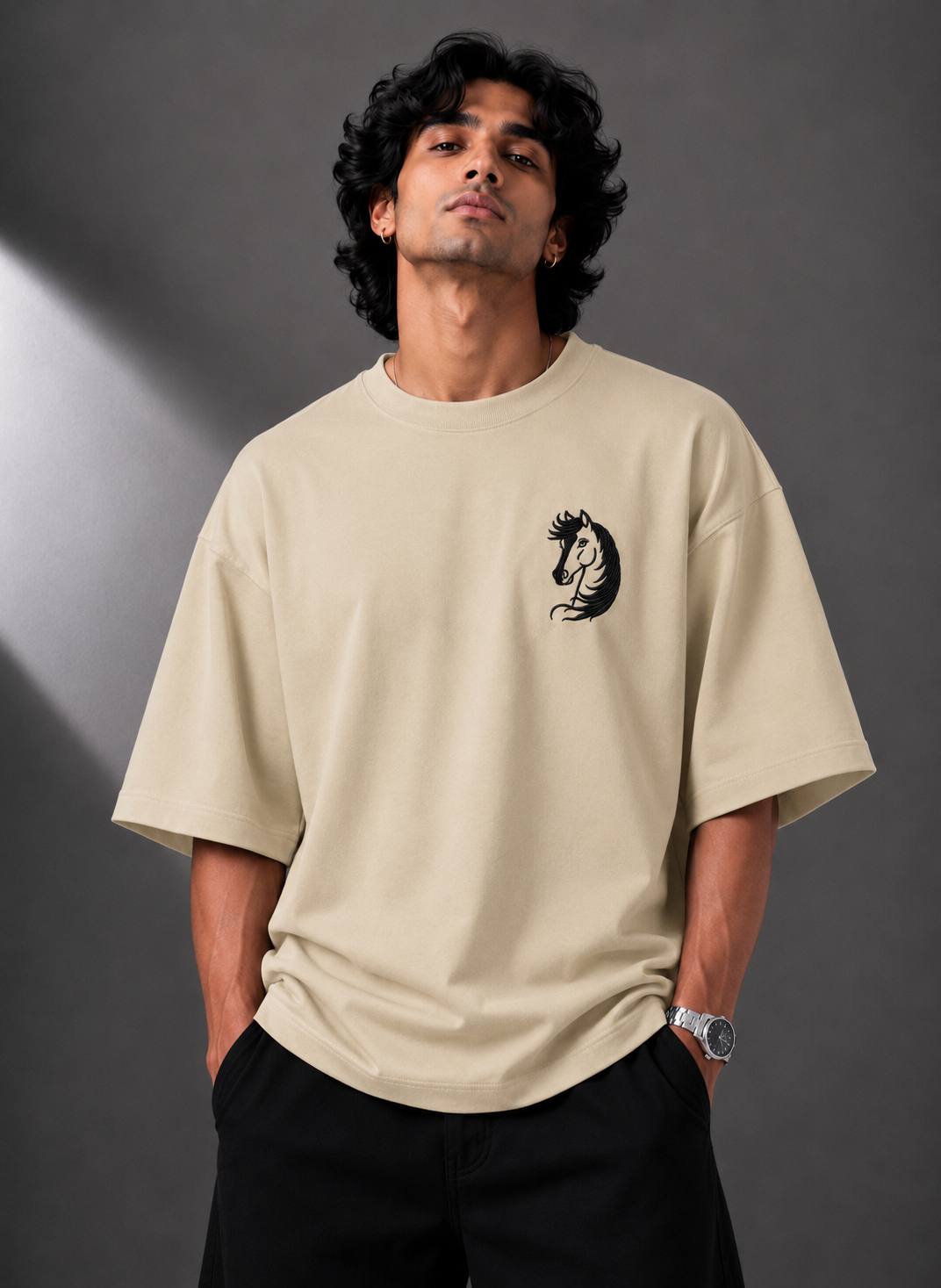 Zellee Minimalist "Equestrian Crest" Chest Embroidered Boxy Oversized Relaxed Fit T-Shirt