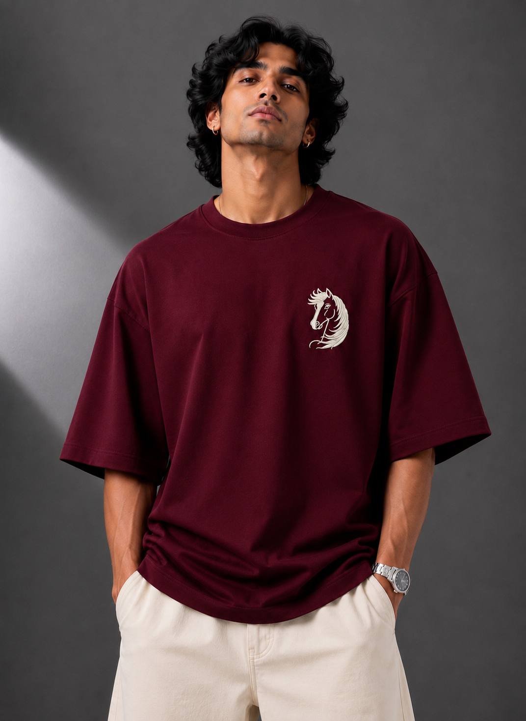 Zellee Minimalist "Equestrian Crest" Chest Embroidered Boxy Oversized Relaxed Fit T-Shirt