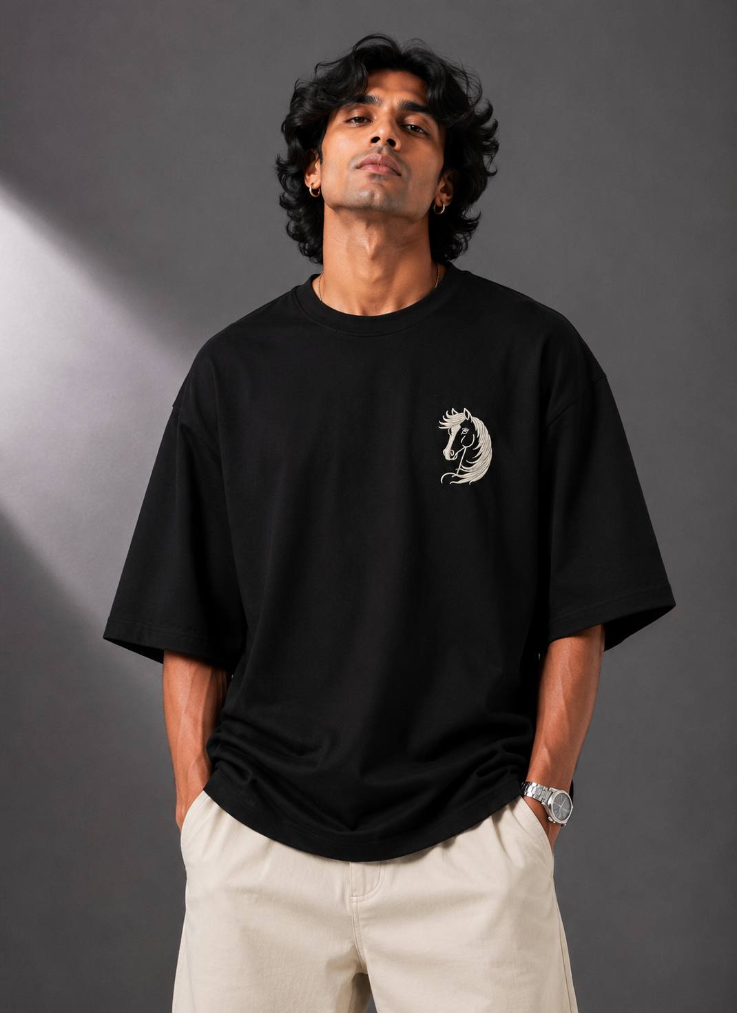 Zellee Minimalist "Equestrian Crest" Chest Embroidered Boxy Oversized Relaxed Fit T-Shirt